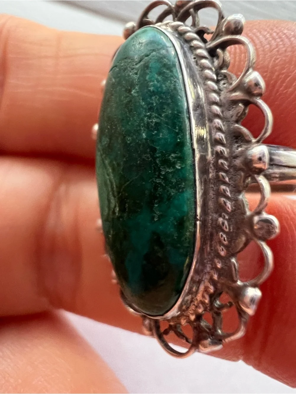 Artisan Signed Silver Ring with Teal-Green Oval Stone